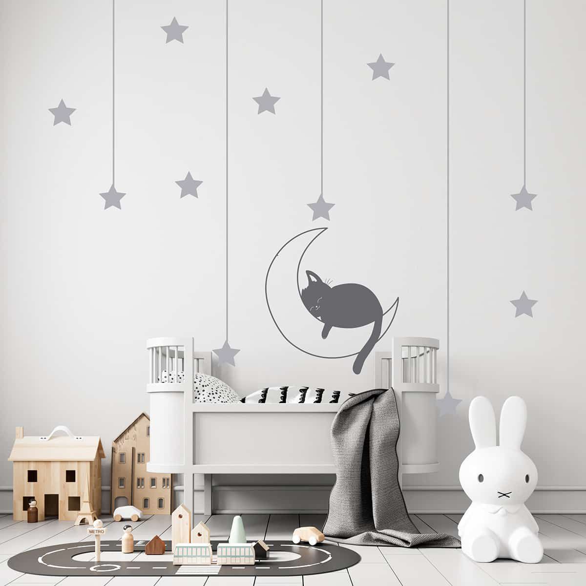 ADAZIO - Vinilo Infantil de Luna, Gato y Estrellas S - 125cm x 110cm (ancho x alto)