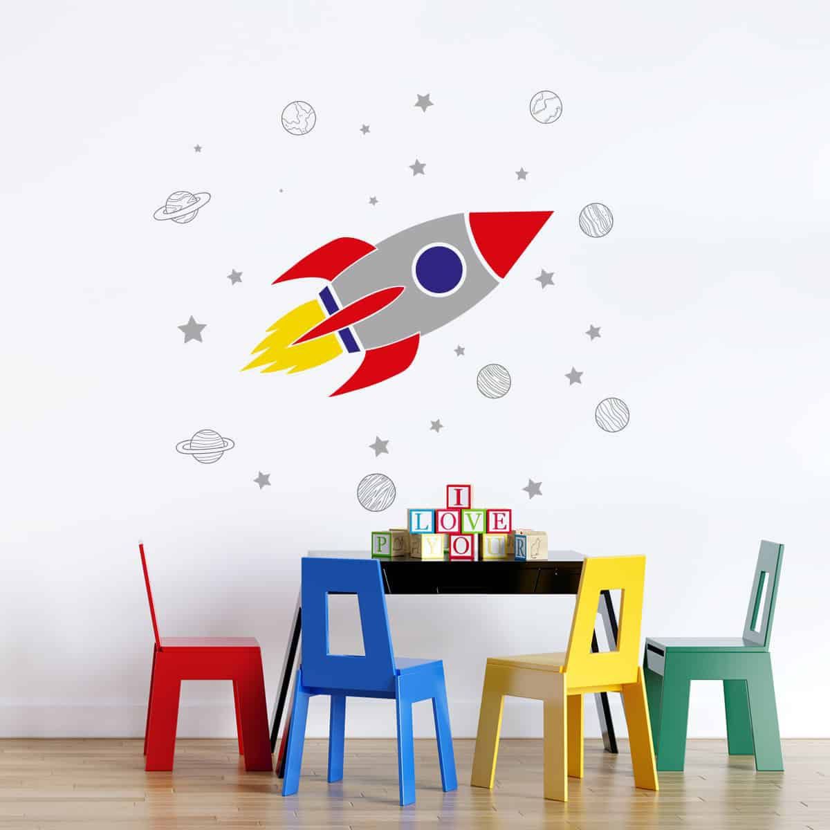 ADAZIO - Vinilo Infantil de Cohete con Planetas M - 140cm x 124cm (ancho x alto)