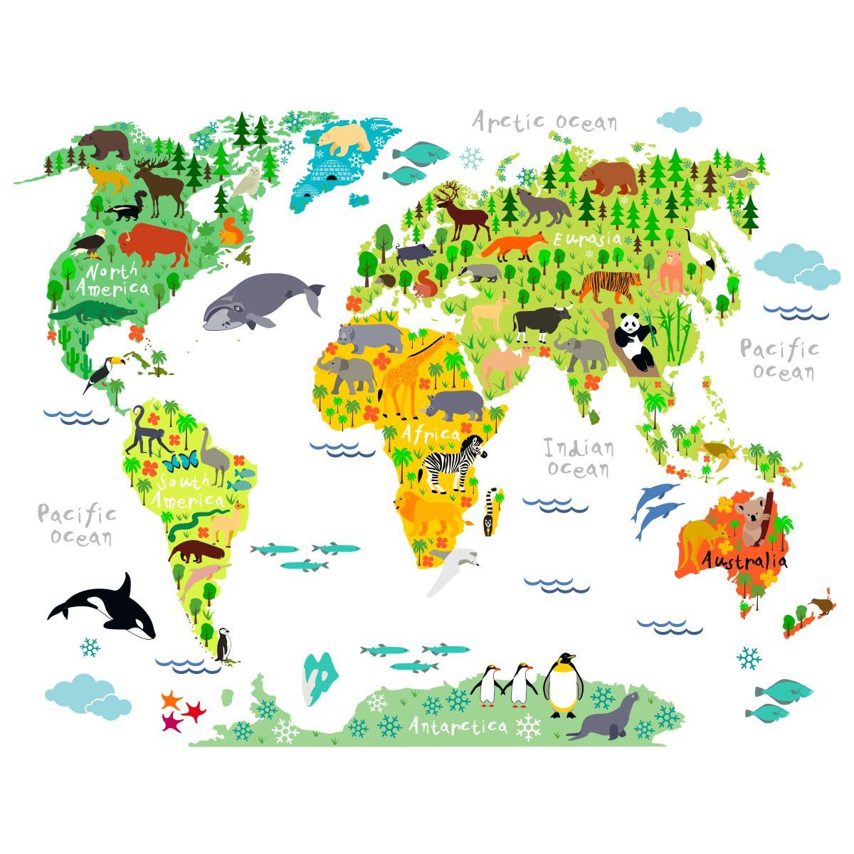 ADAZIO - Vinilo Mapamundi Infantil con Animales S - 120cm x 74cm ancho x alto
