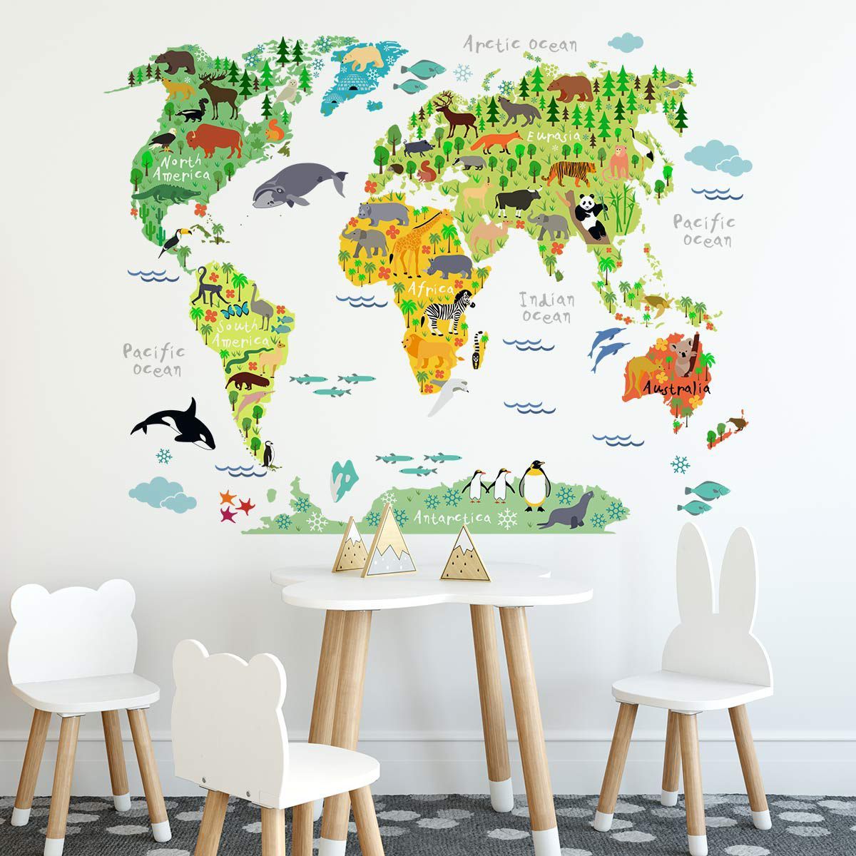 ADAZIO - Vinilo Mapamundi Infantil con Animales S - 120cm x 74cm ancho x alto