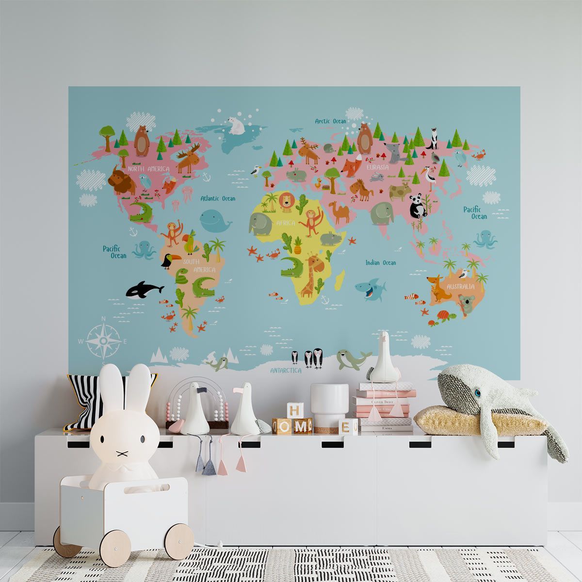 ADAZIO - Vinilo Mapamundi Infantil con Animales XS - 100cm x 62cm ancho x alto