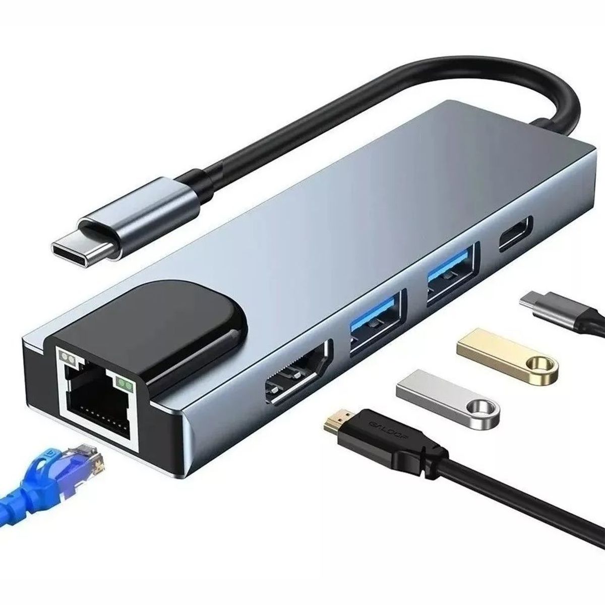 GENERICO - Adaptador Hub 5 En 1 Tipo C Hdmi Puerto Land Usb Mac Y Pc