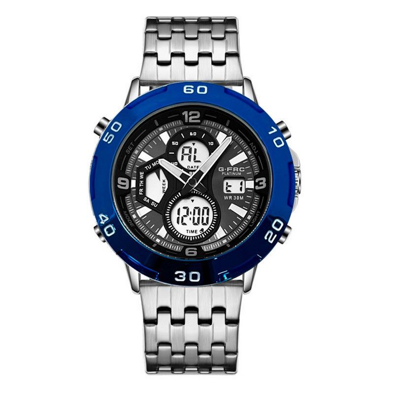 GFORCE - Reloj G-force Original Al172 Digital Acero Hombre Plateado Borde Azul + Estuche