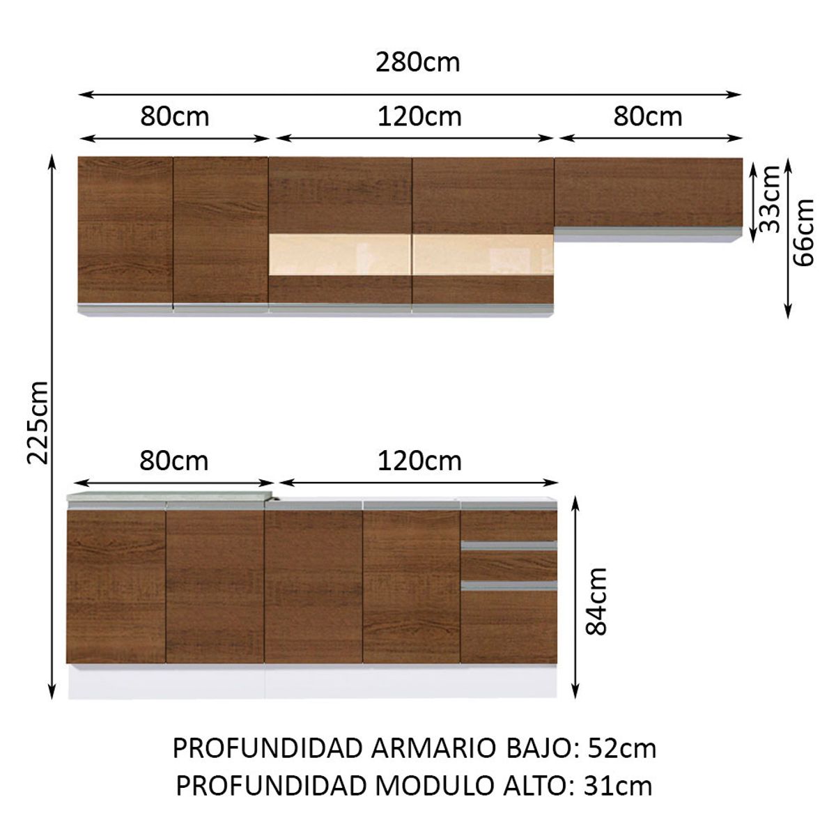 MADESA - Cocina Integral Marcela 2.80 Metros Blanco/Marrón