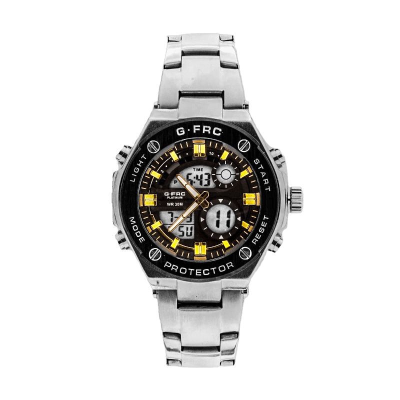 GFORCE - Reloj G-force Original Al167 Digital Acero Hombre Plateado Borde Negro Amarillo + Estuche