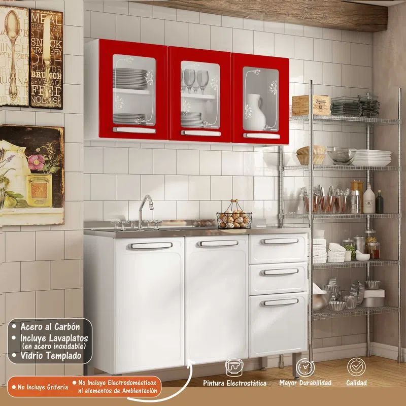 BERTOLINI - Gabinete de cocina en acero 120cm 3 puertas vidrio - rojo