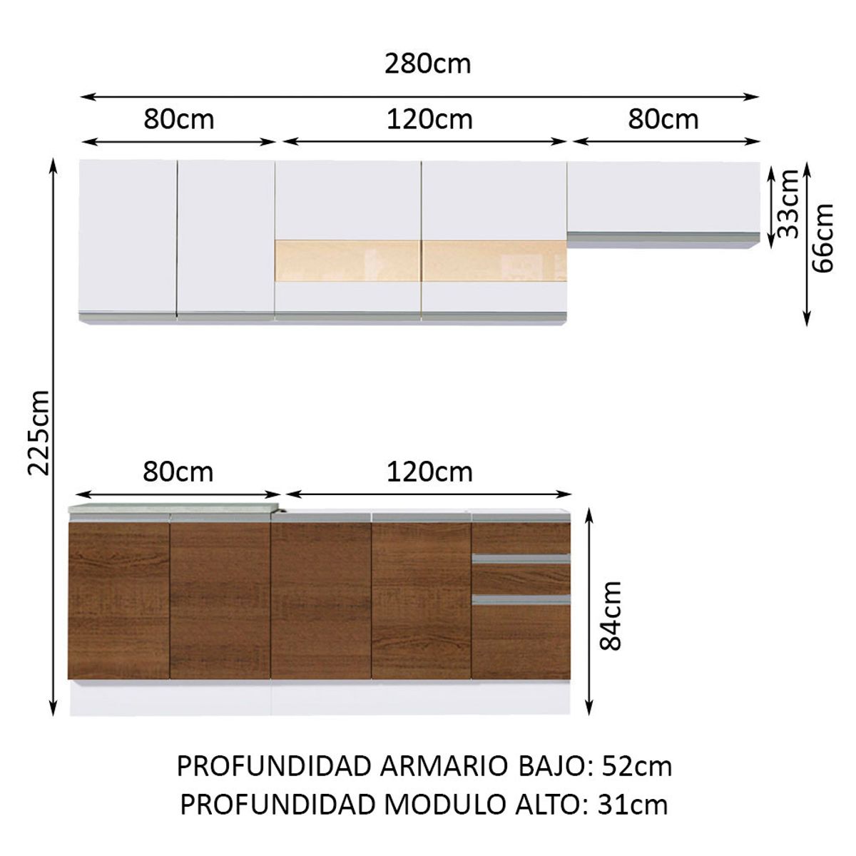 MADESA - Cocina Integral Marcela 2.80 Metros Blanco/Marrón/Blanco