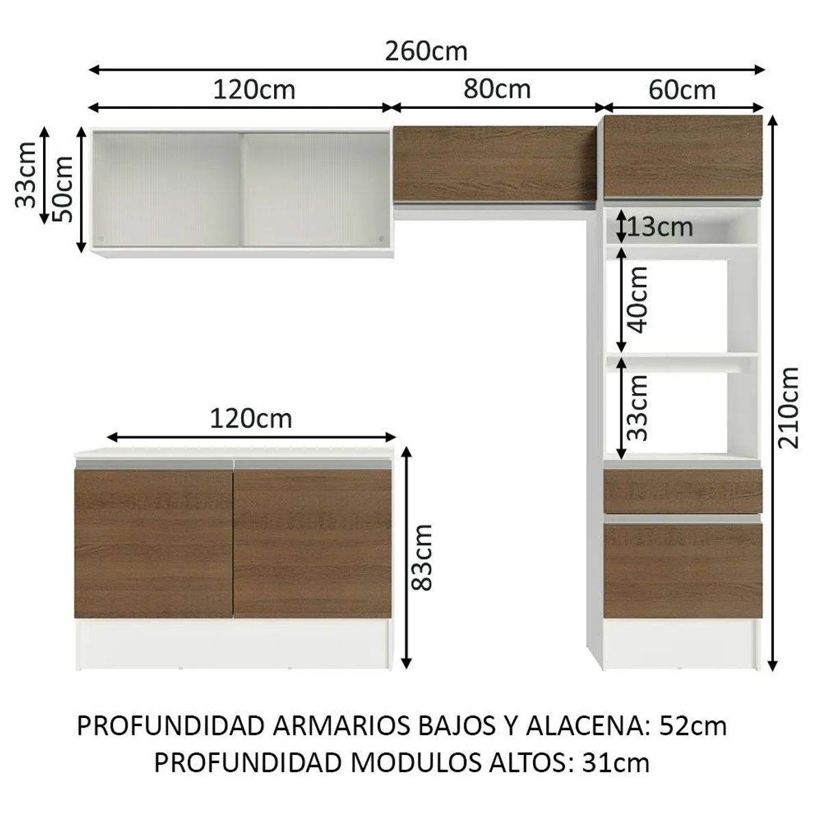 MADESA - Cocina Integral Topazio 2.60 m con Encimera Blanco/Marrón