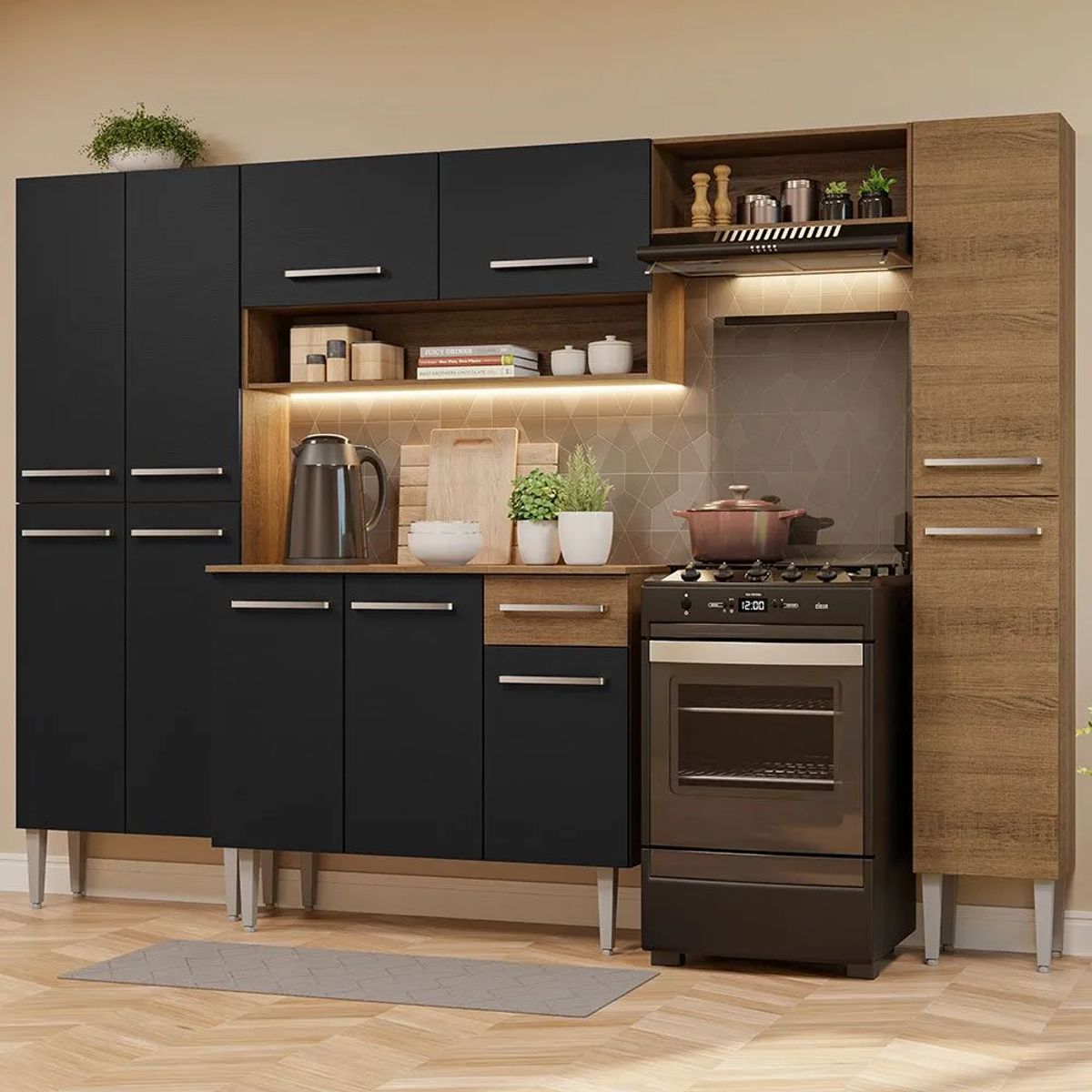 MADESA - Cocina Integral Emilly Hit 2.60 Metros Marrón/Negro/Marrón