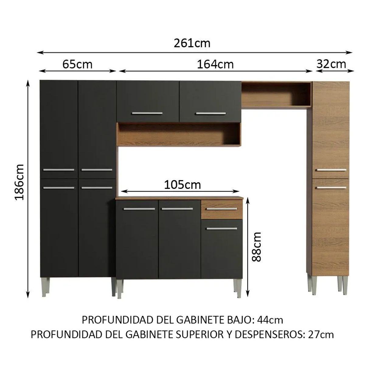 MADESA - Cocina Integral Emilly Hit 2.60 Metros Marrón/Negro/Marrón