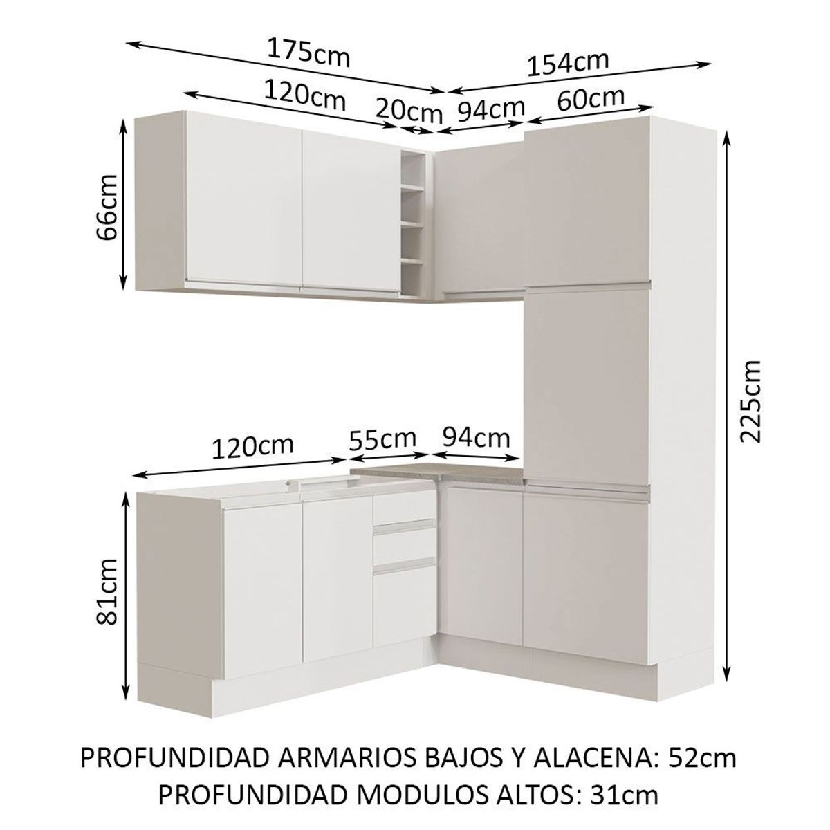 MADESA - Cocina Integral de Esquina Glamy 3.30 m Blanco 01