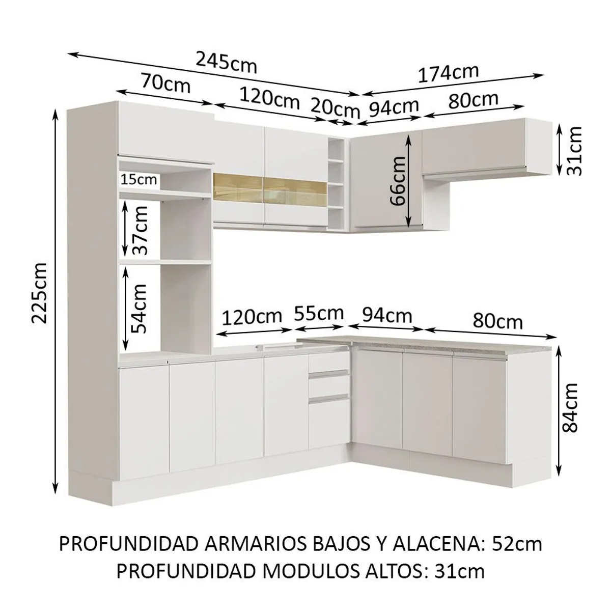 MADESA - Cocina Integral de Esquina Glamy 4.20 m Blanco 01