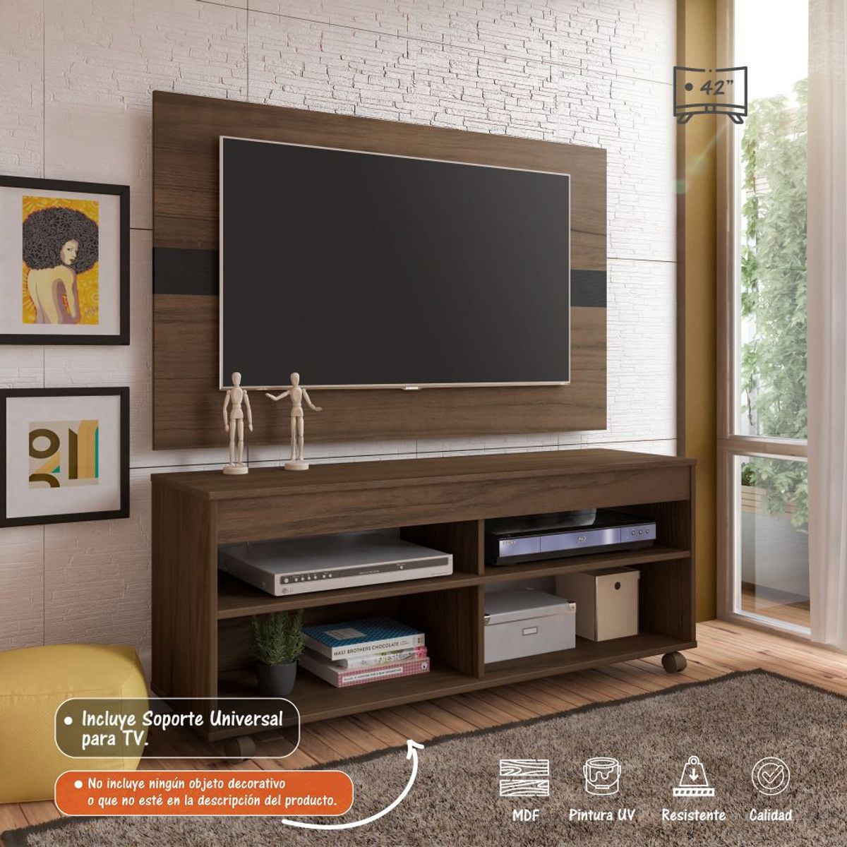 BERTOLINI - Panel Mueble de TV 42 Bertolini Incluye Soporte Color Marron con Negro