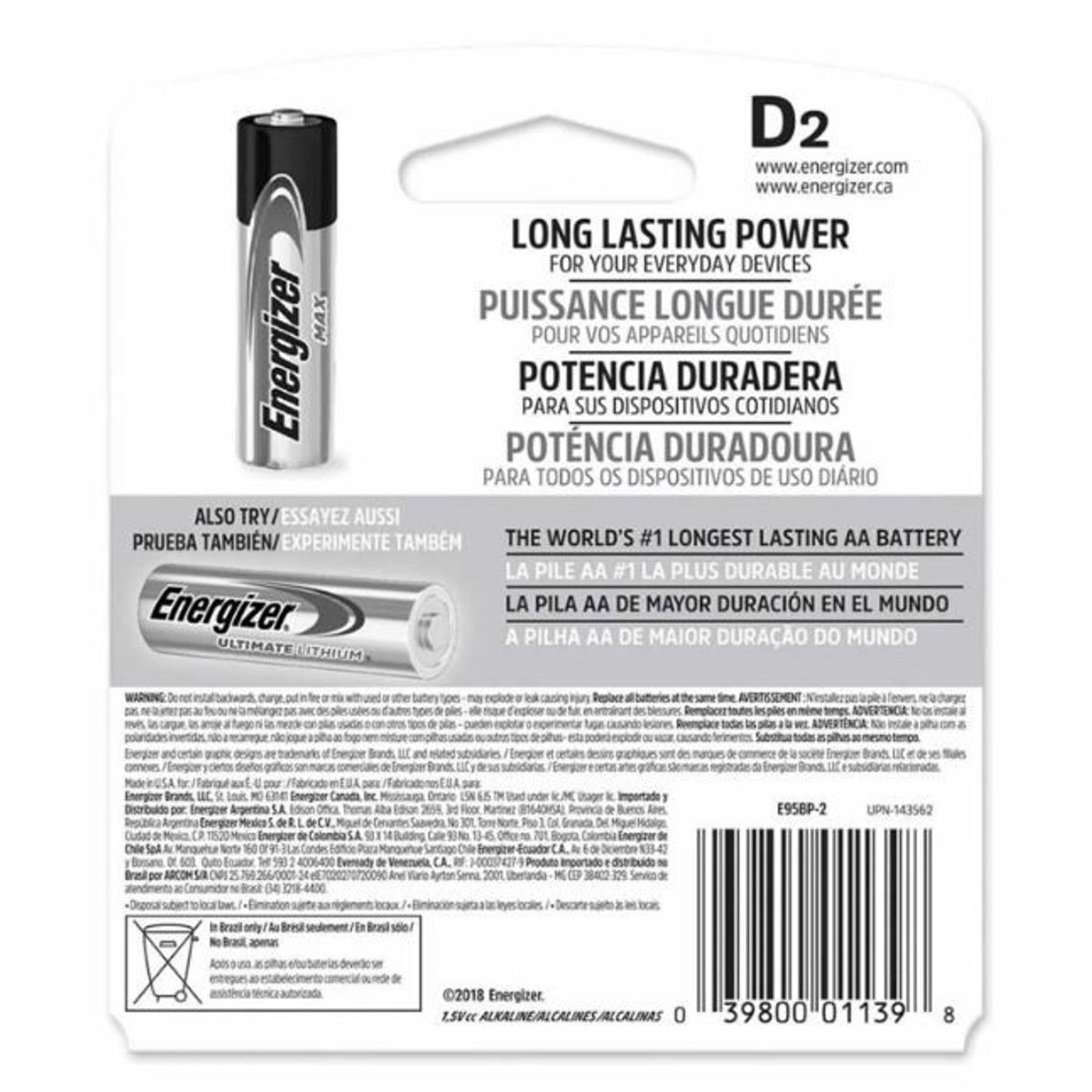 ENERGIZER - Pila Bateria Alcalina Max D2 Energizer Tipo D2 E95BP E0622500