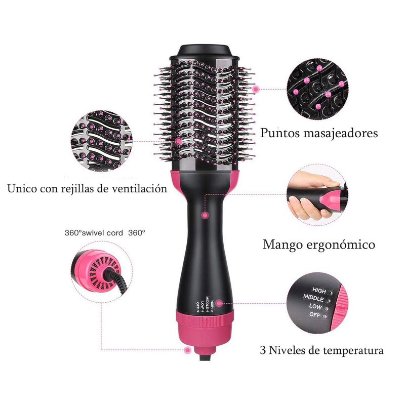 GENERICO - Cepillo Secador Para Cabello De Aire Caliente De Giratorio Voluminizador 3 En 1