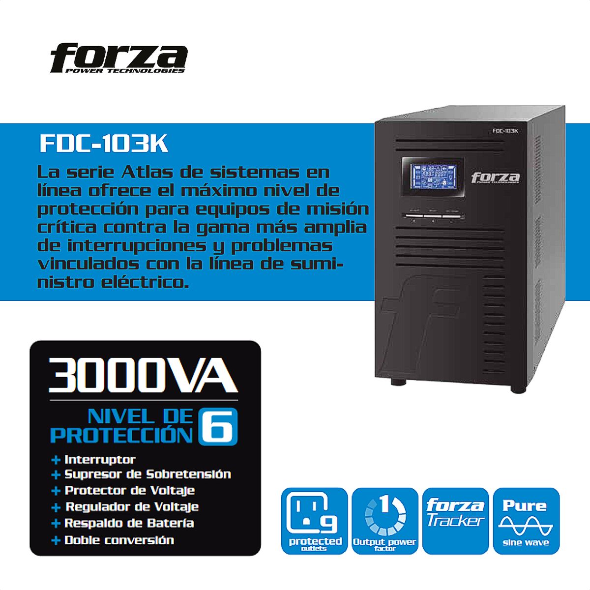 FORZA - UPS Online 3KVA Forza Atlas FDC-103K, 3000VA/3000W, 9 Tomas