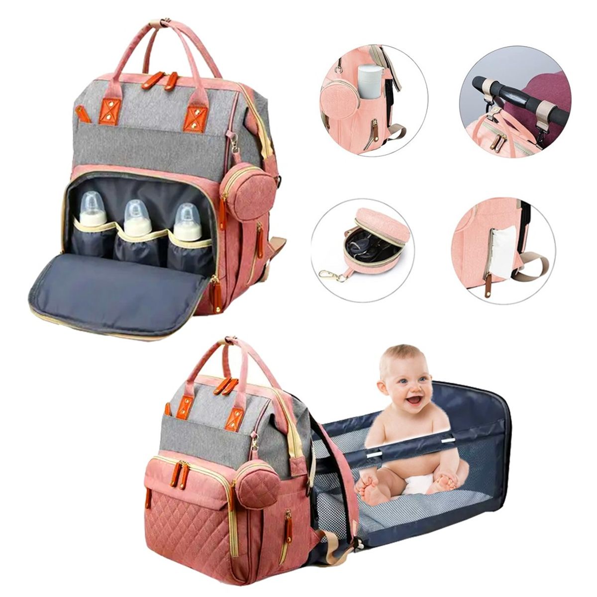 LANZURY IMPORTACIONES - Pañalera Multifuncional Para Bebés Cuna Impermeable - Rosada