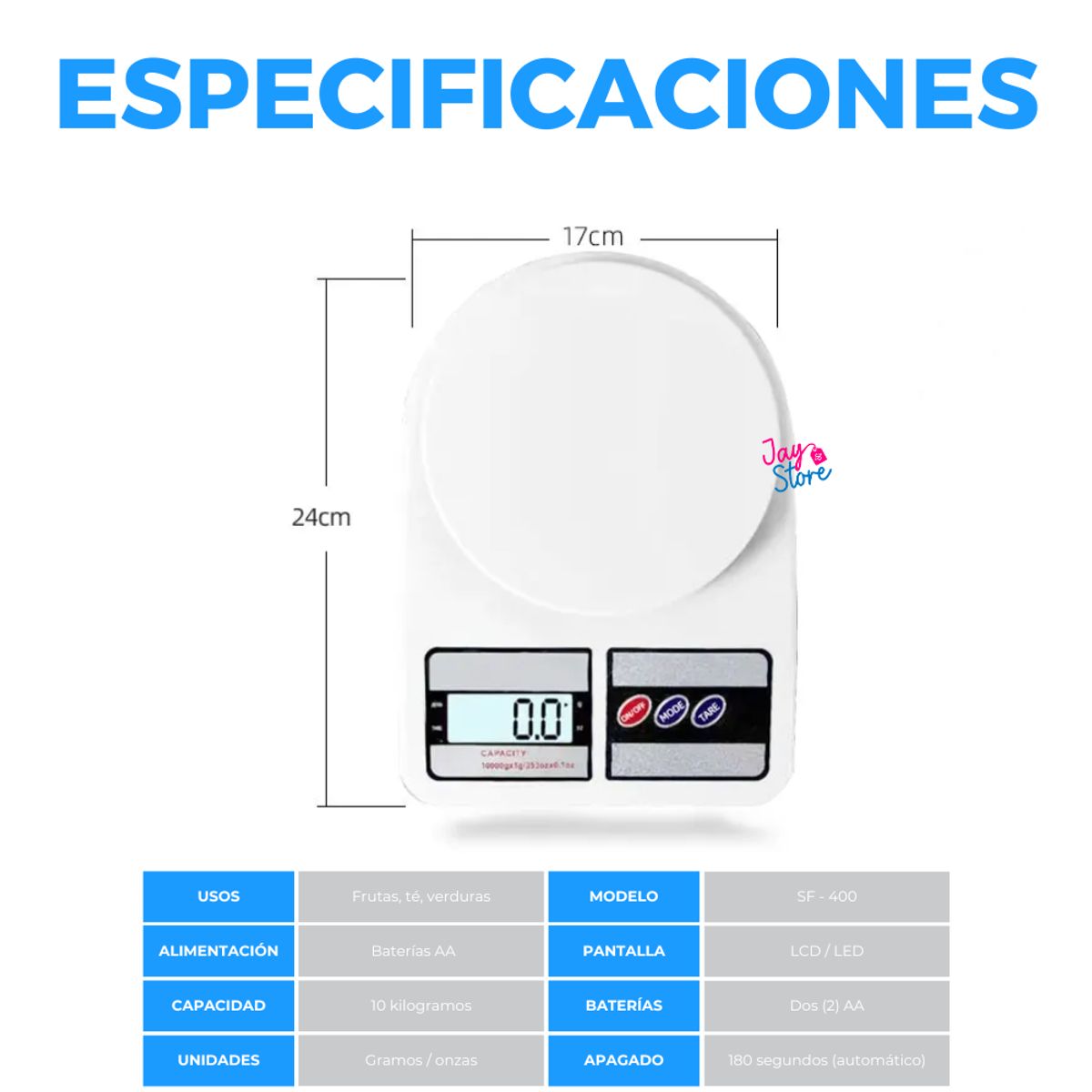 JAYSTORE - Balanza Digital Gramera Bascula Cocina Tara 10Kg Portátil