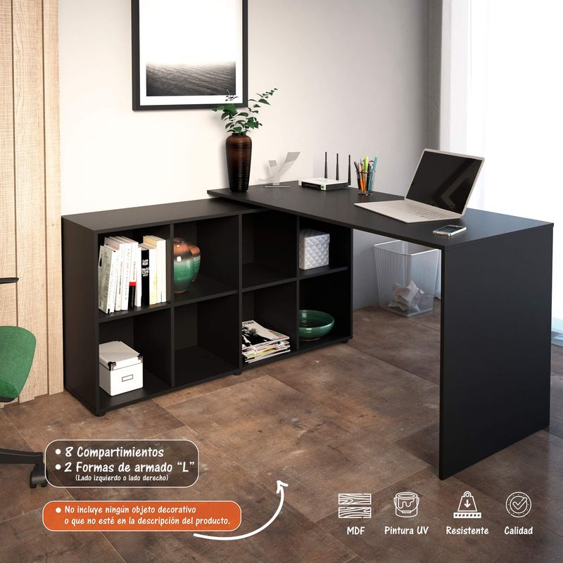 BERTOLINI - Escritorio Nero en L Con 8 Comportamientos-Bertolini