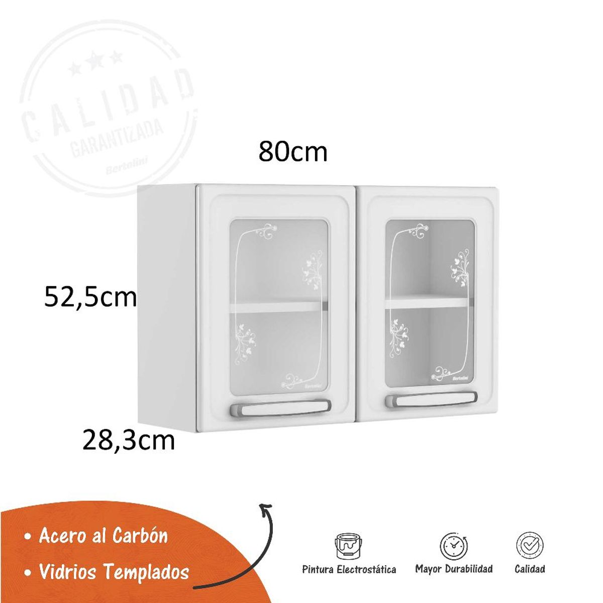 BERTOLINI - Mueble Superior de Cocina En Acero Con Vidrio 80 Cm Evidence  Blanco