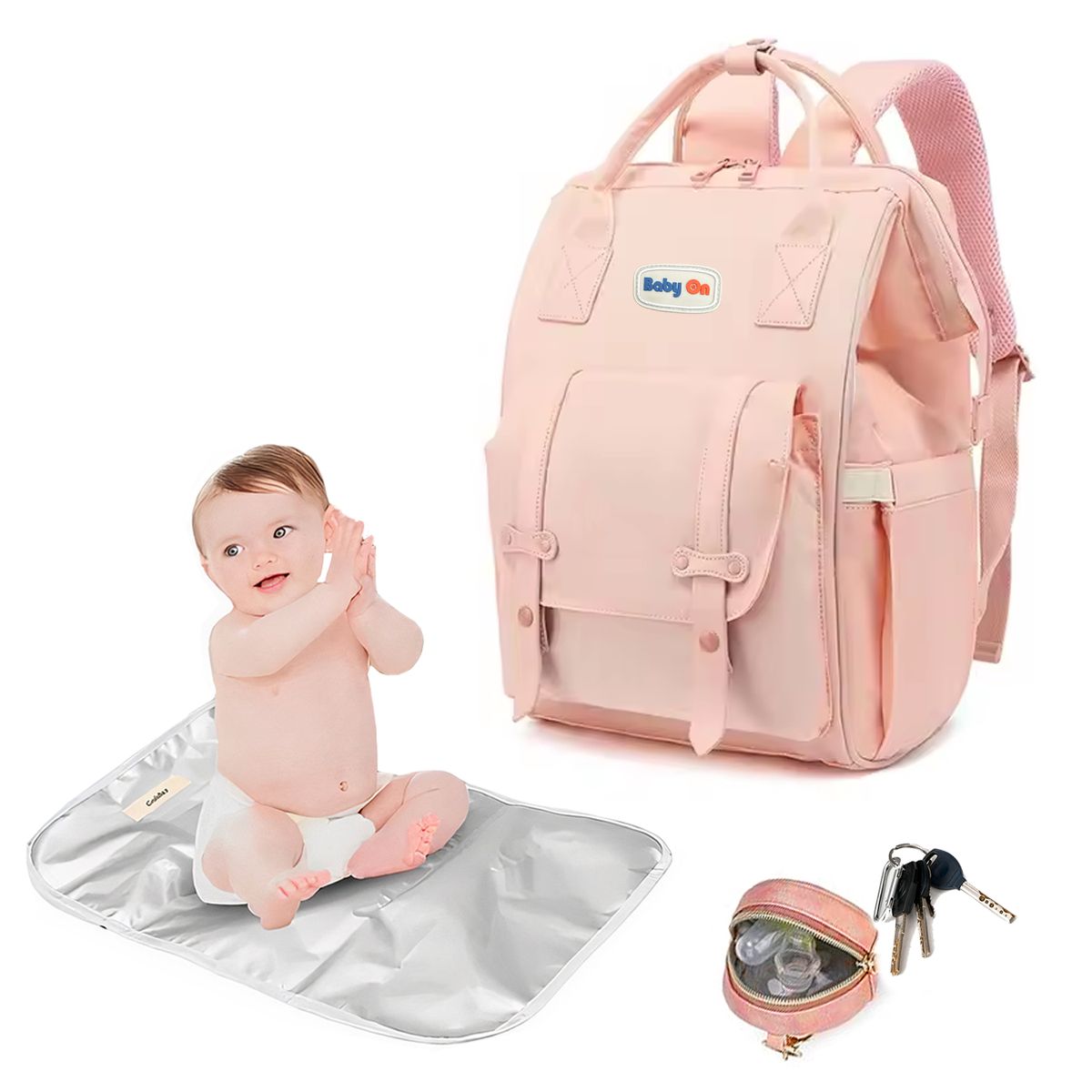BABY ON - Morral pañalera con cambiador 3 en 1 Rosa