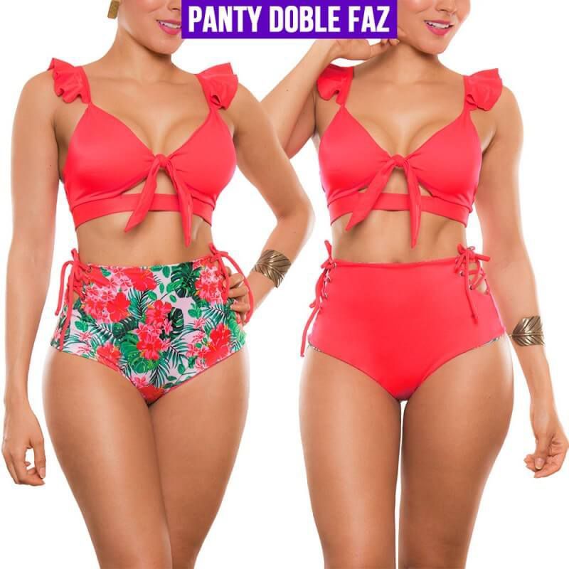 PRAIE - Vestido de baño Bikini Retro PRAIE 2012 Coral Coqueta Panty Doble Faz