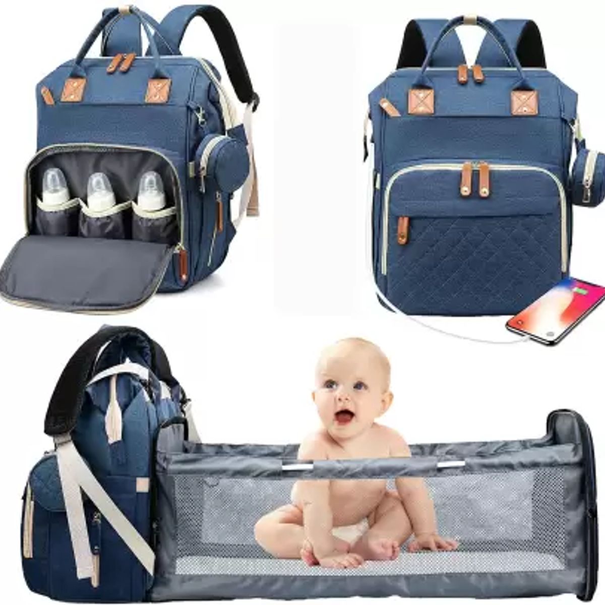 BABY ON - Morral pañalera tipo cuna con cambiador 3 en 1 usb Azul