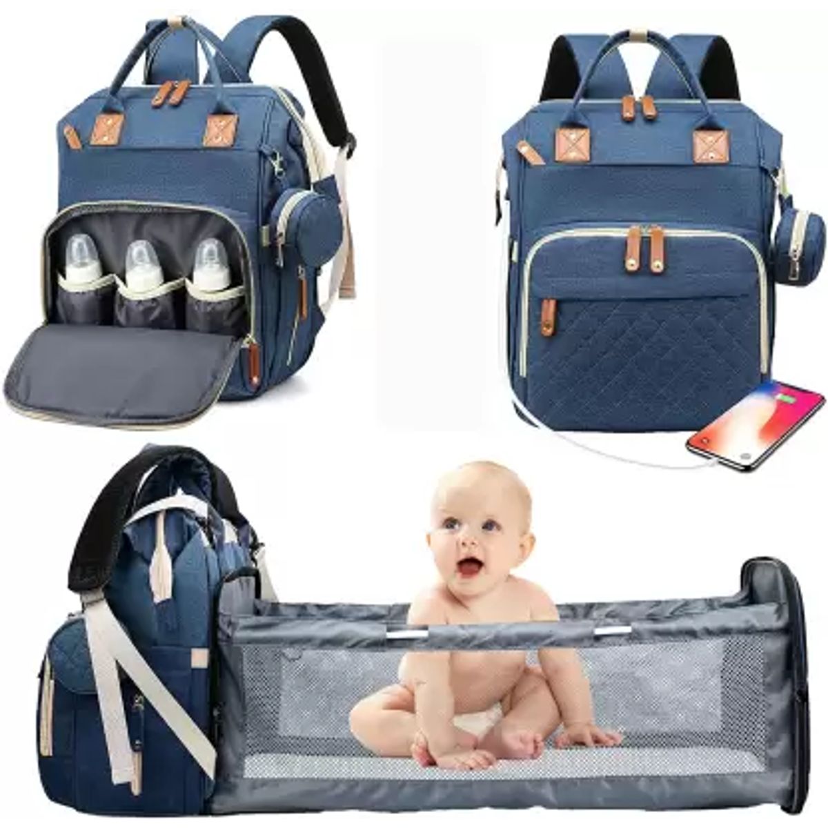 BABY ON - Morral pañalera tipo cuna con cambiador 3 en 1 usb Azul