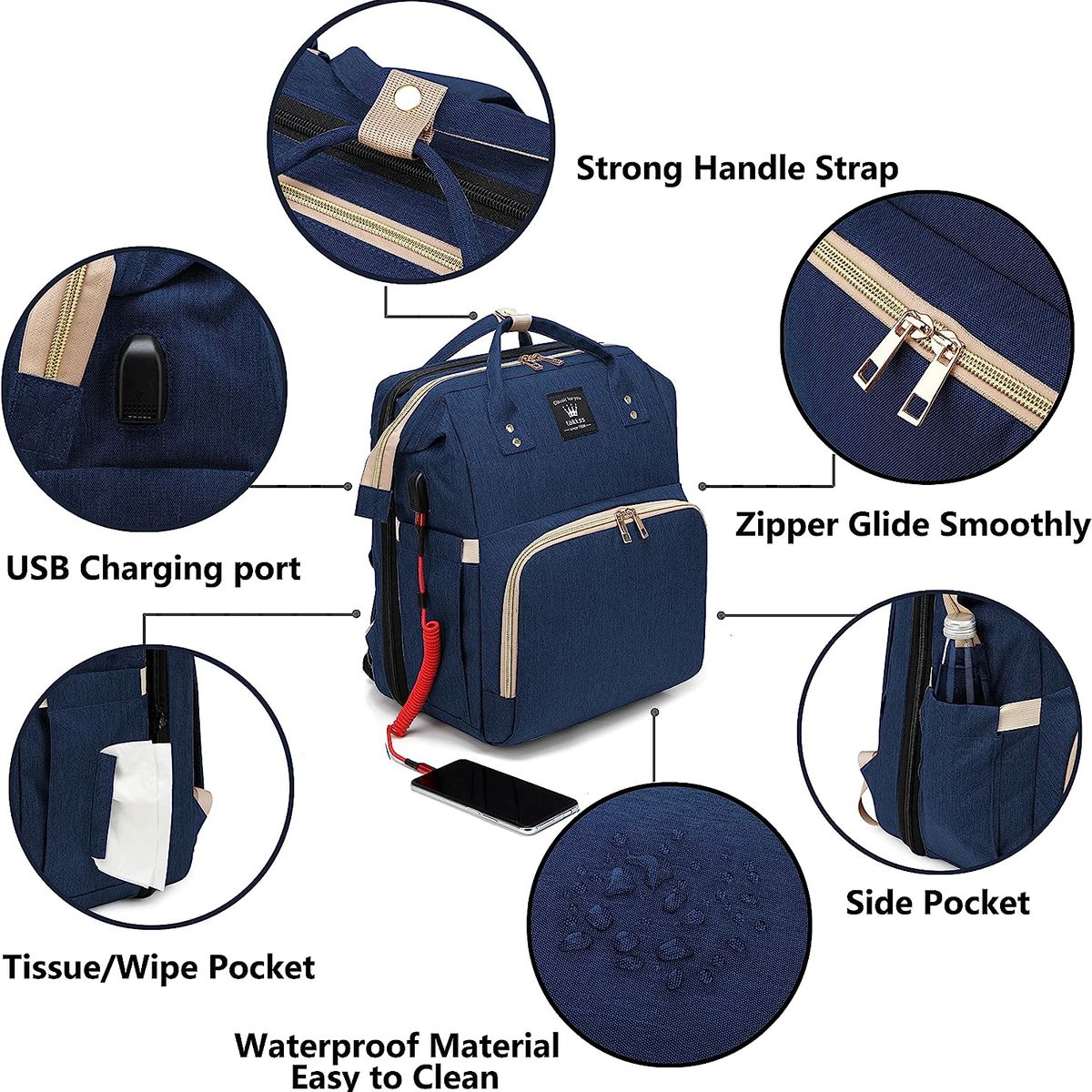BABY ON - Morral pañalera tipo cuna con cambiador 3 en 1 usb Azul