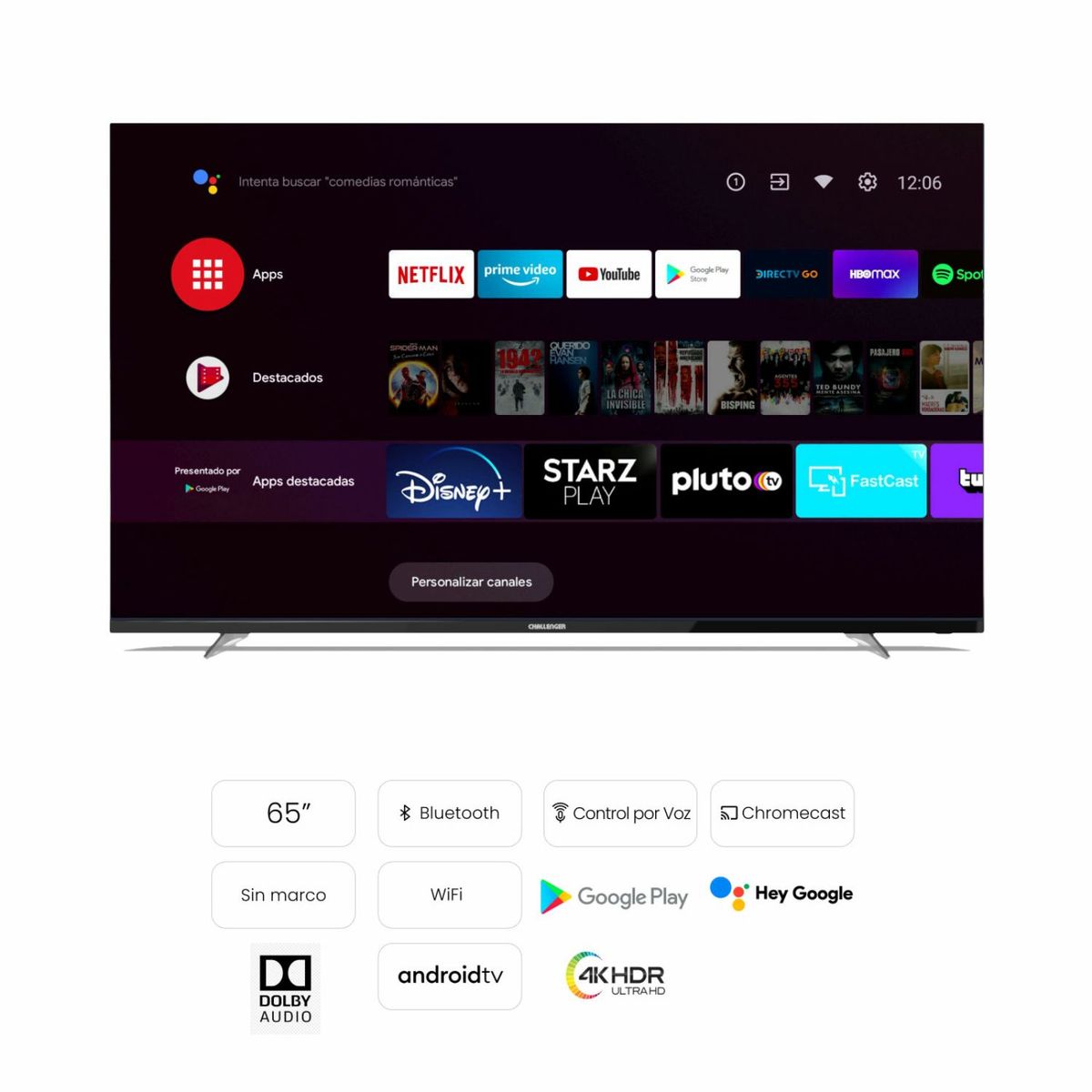 CHALLENGER - Televisor Challenger 65 4k Led Plano SmartTv Android UHD 65LO70 BTT2