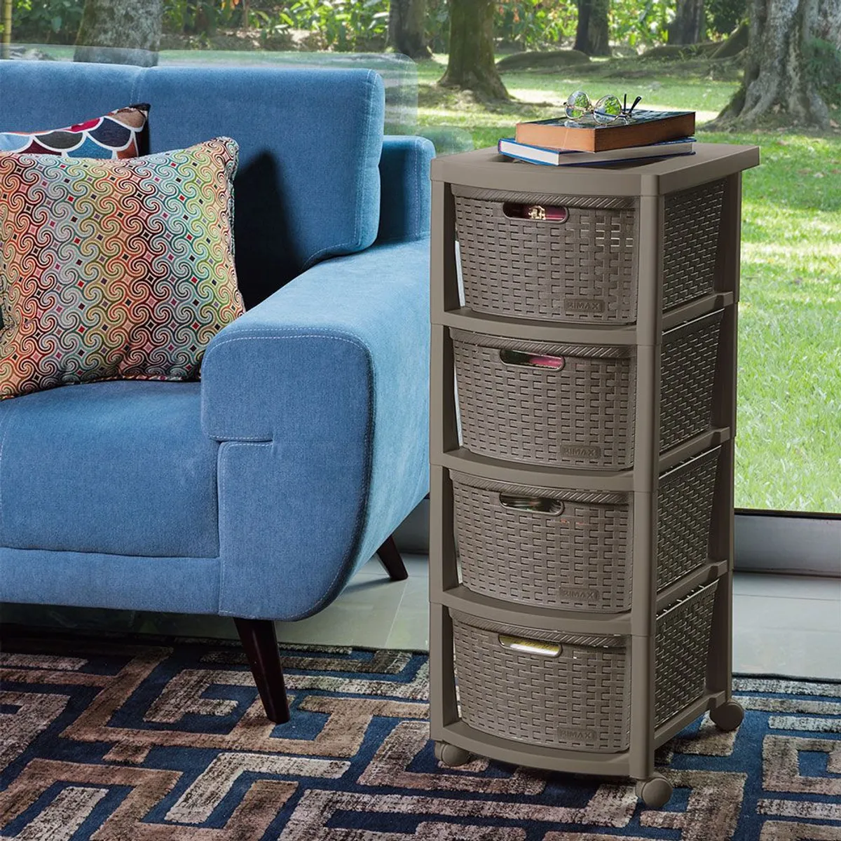 RIMAX - Cajonero Apariencia Rattan 4 Gavetas Altas RIMAX - Mocca