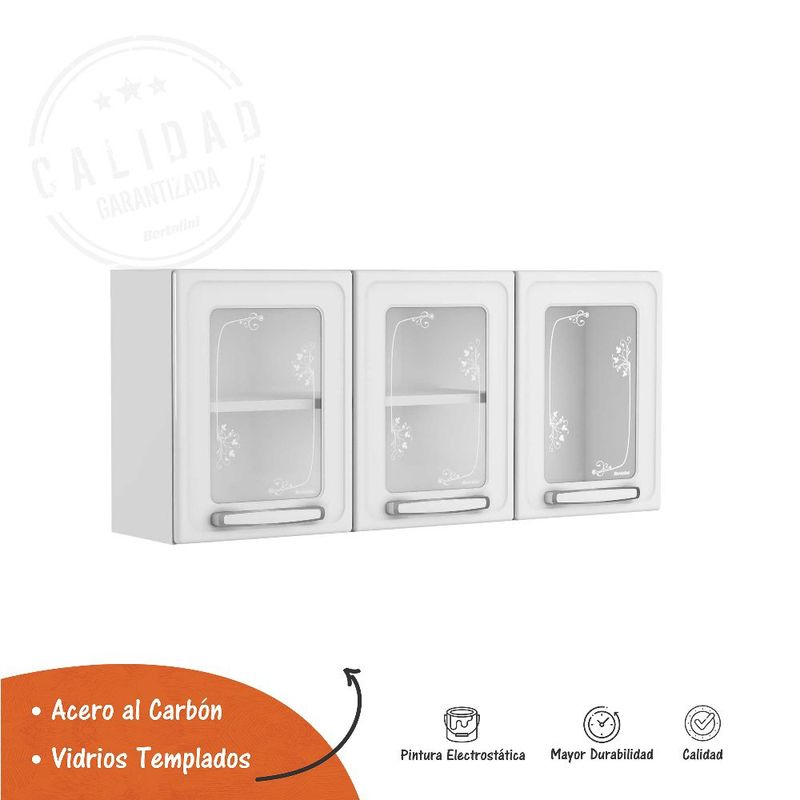 BERTOLINI - Gabinete Superior de cocina en acero 120cm 3 puertas vidrio - blanco