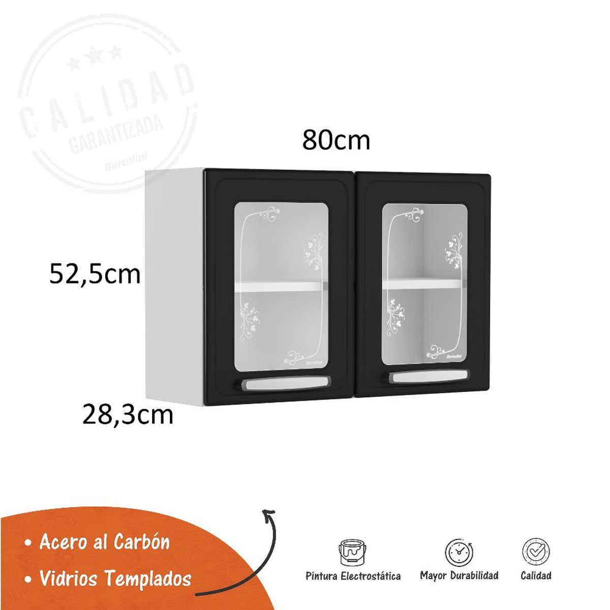 BERTOLINI - Gabinete Superior de cocina en acero 80cm 2 puertas vidrio - negro