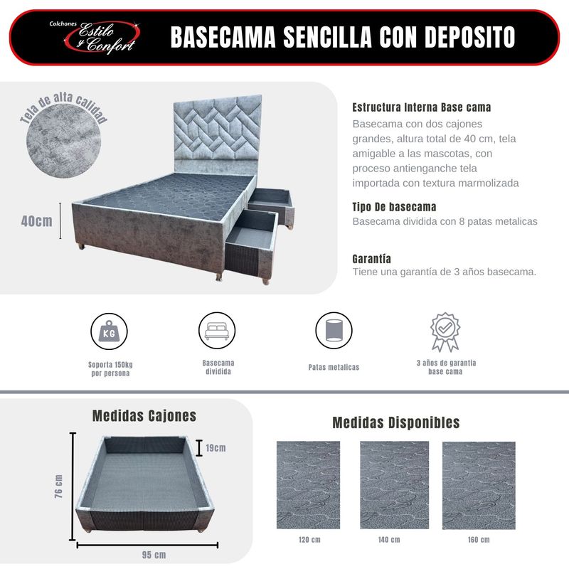 ESTILO Y CONFORT - Basecama Deposito 140x190 Dividida Tela Gris No incluye Cabecero