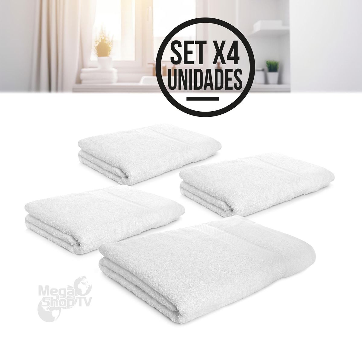 ENERGY PLUS - Kit x4 Toallas de baño de cuerpo 100 algodón 70x140 cm blanco