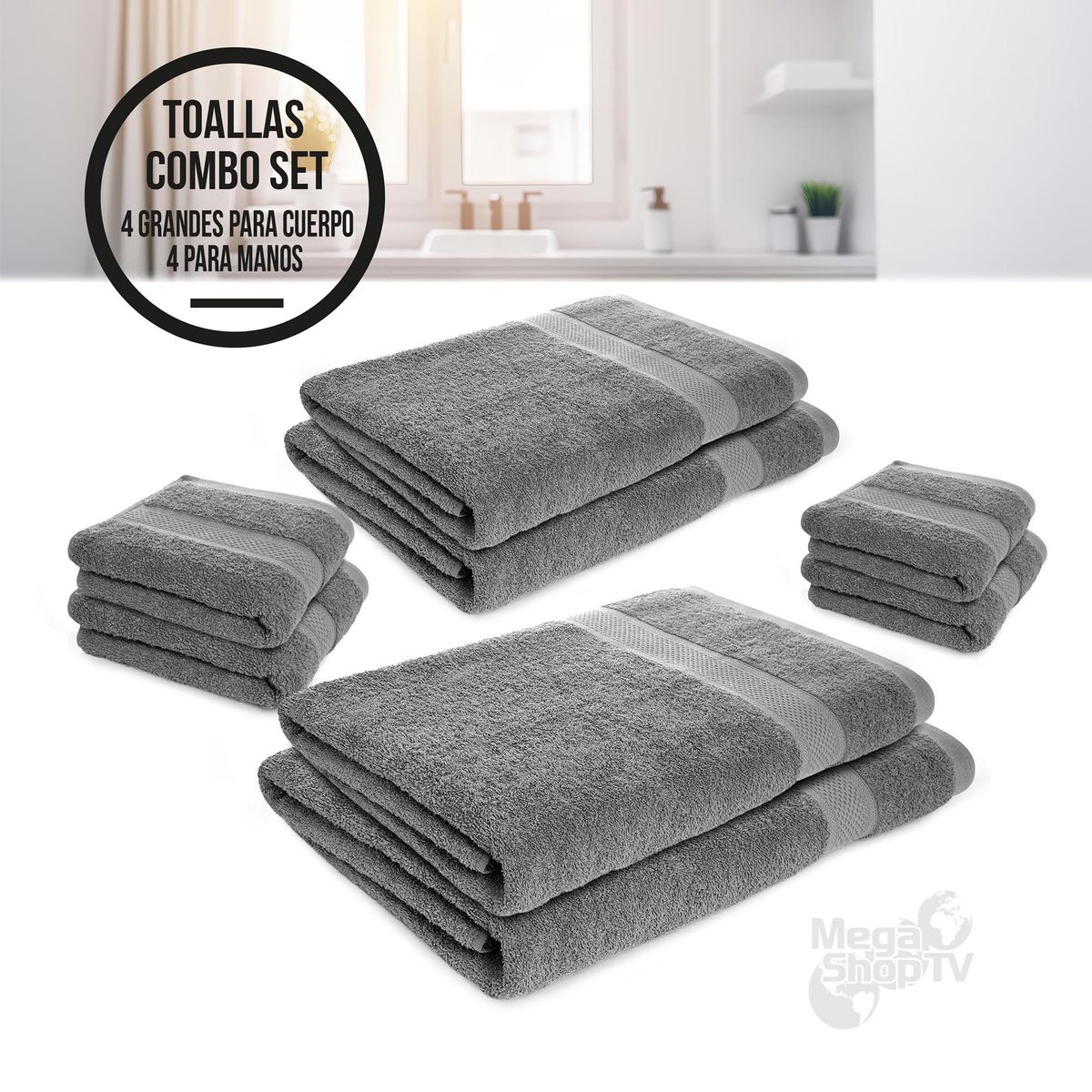 ENERGY PLUS - Set X8 toallas hoteleras: 4 toallas de cuerpo +4 de manos Gris