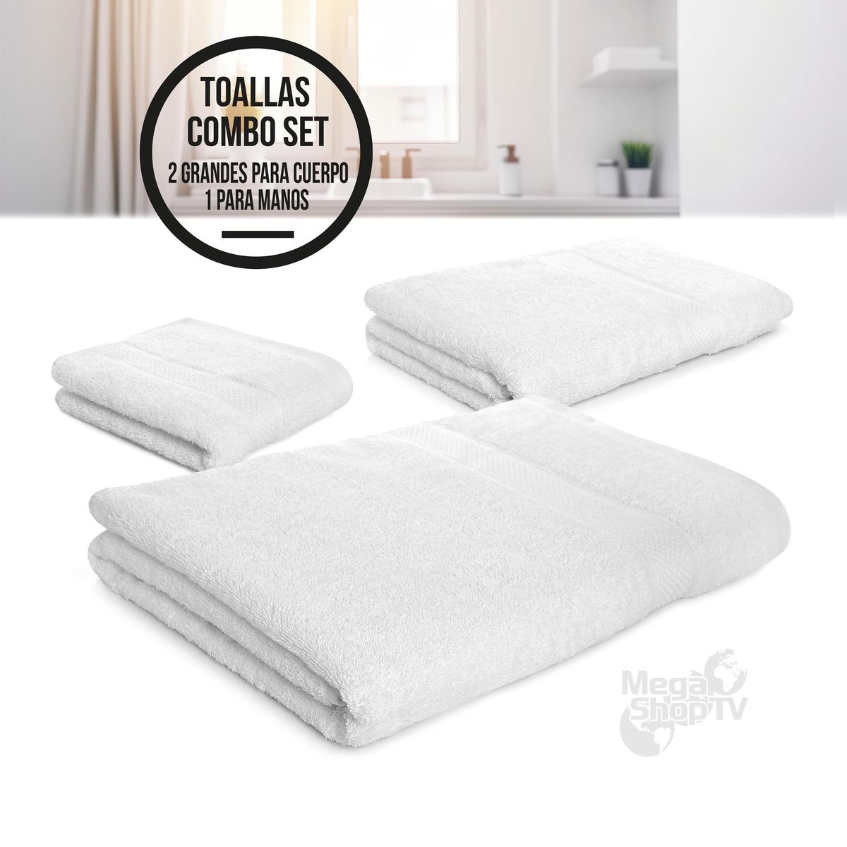 ENERGY PLUS - Set X3 toallas hoteleras: 2 toallas de cuerpo + 1 de manos Blanca