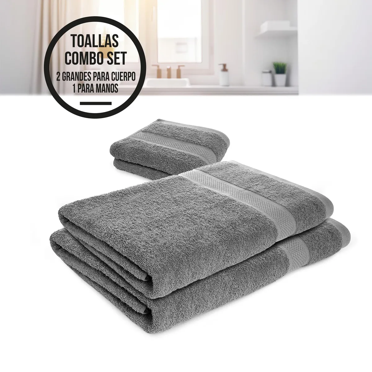 ENERGY PLUS - Set X3 toallas hoteleras: 2 toallas de cuerpo + 1 de manos Gris