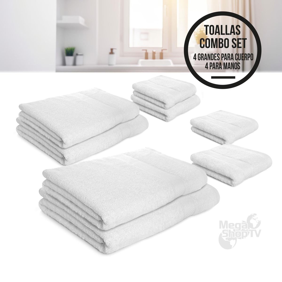 ENERGY PLUS - Set X8 toallas hoteleras: 4 toallas de cuerpo +4 de manos Blanca