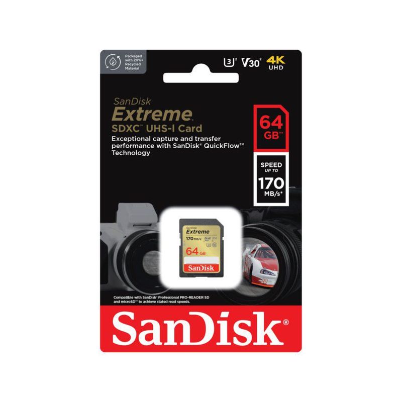 SANDISK - Memoria SD 64gb Sandisk Extreme 170 mb/s uhs-i c10 u3 v30 4k