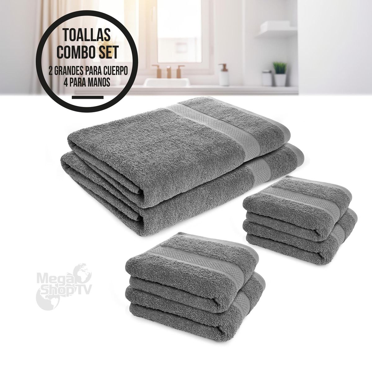 ENERGY PLUS - Set X6 toallas hoteleras: 2 de cuerpo + 4 toallas de manos Gris