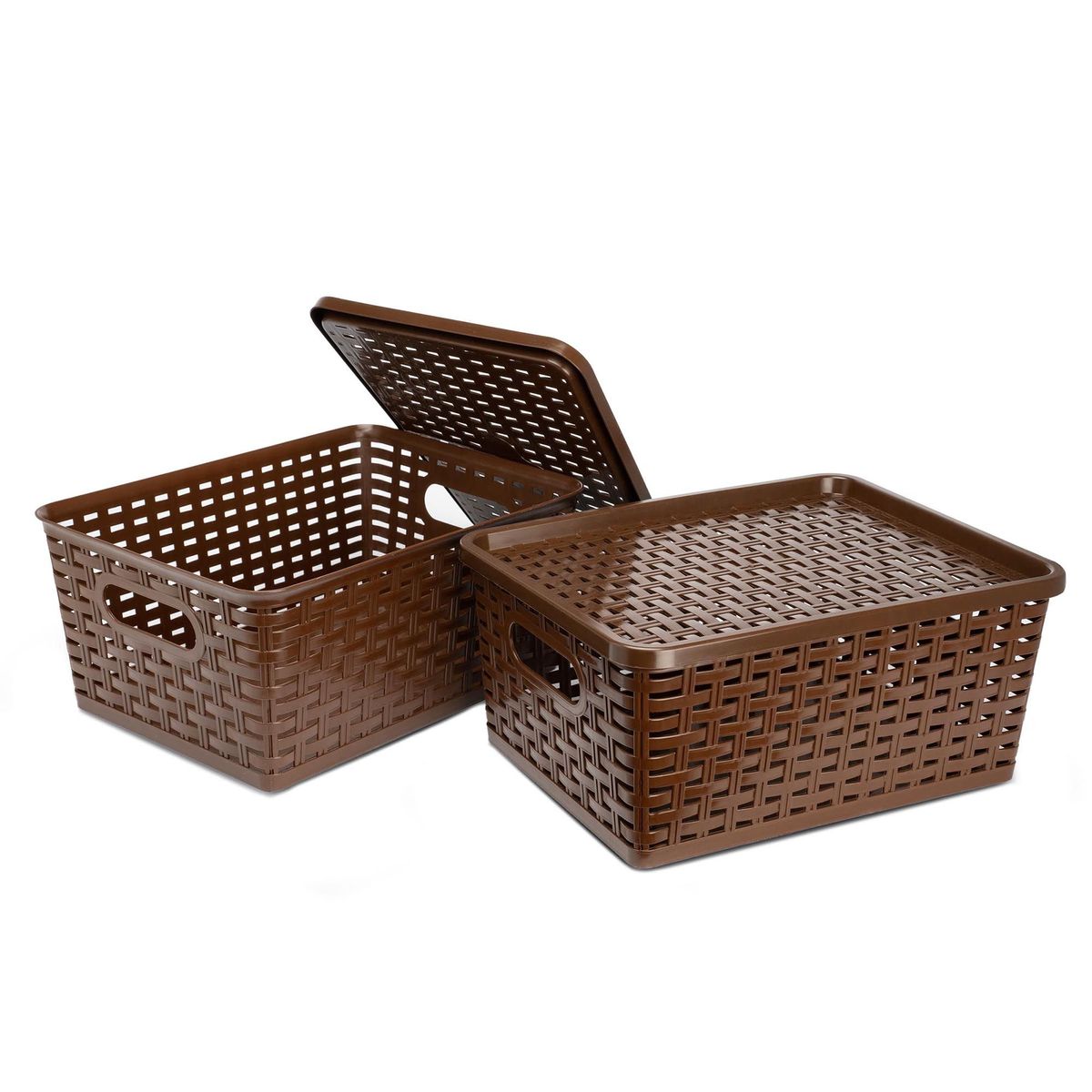 ENERGY PLUS - Set X2 Cajas organizadoras con tapa canasta mimbre plástico Café