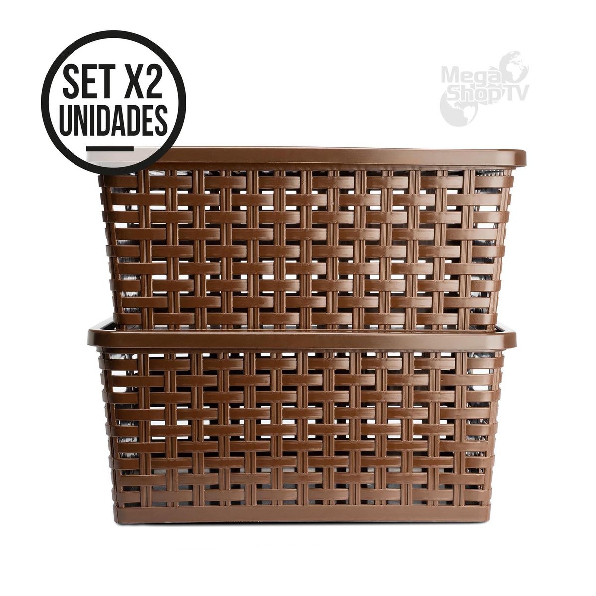 ENERGY PLUS - Set X2 Cajas organizadoras con tapa canasta mimbre plástico Café
