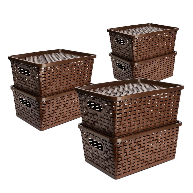 ENERGY PLUS - Set X6 Cajas organizadoras con tapa canasta mimbre plástico Café