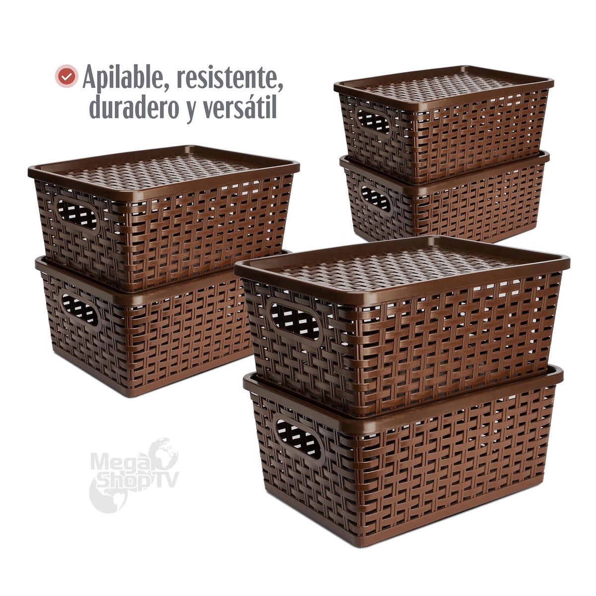 ENERGY PLUS - Set X6 Cajas organizadoras con tapa canasta mimbre plástico Café