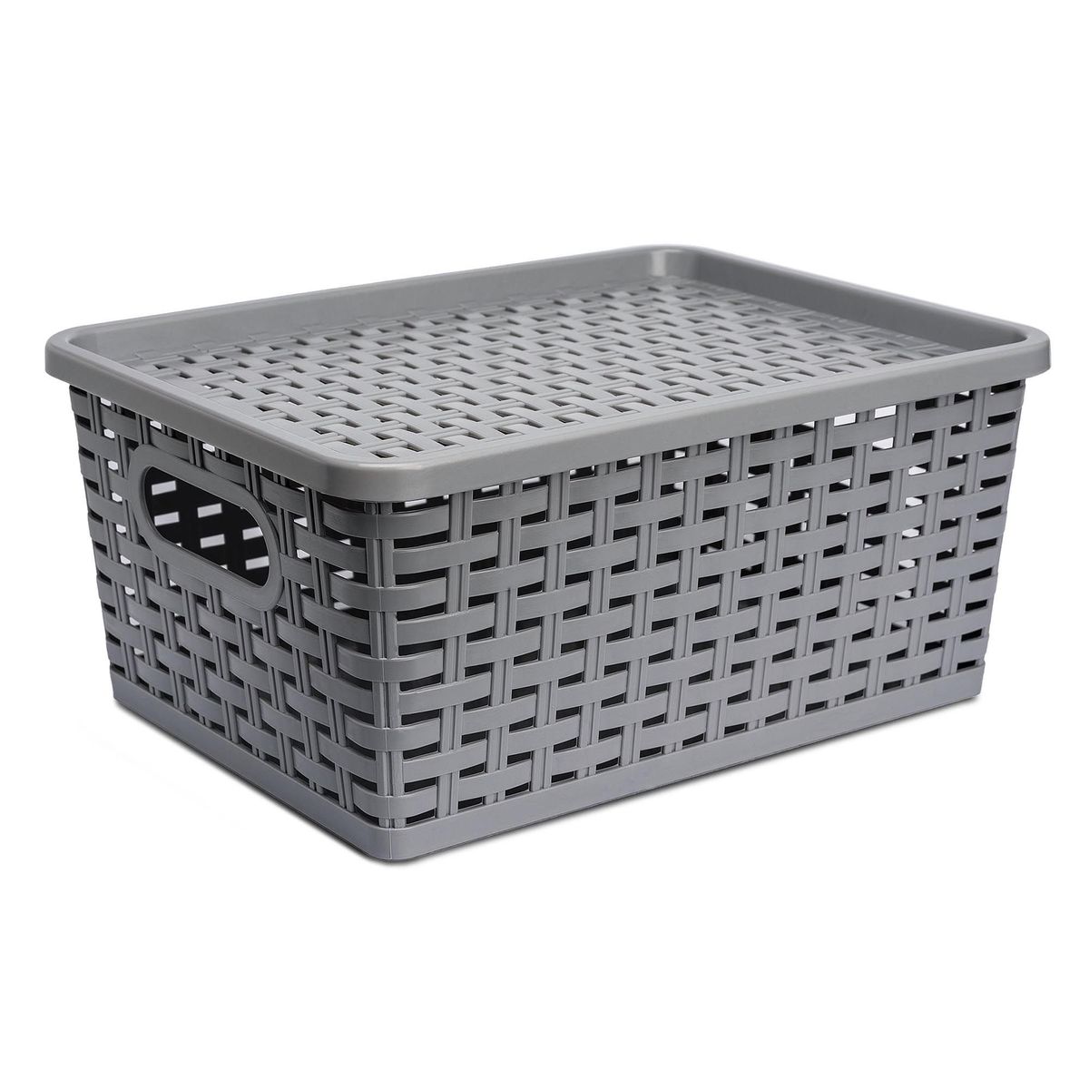 ENERGY PLUS - Caja organizadora con tapa canasta mimbre plástico Gris
