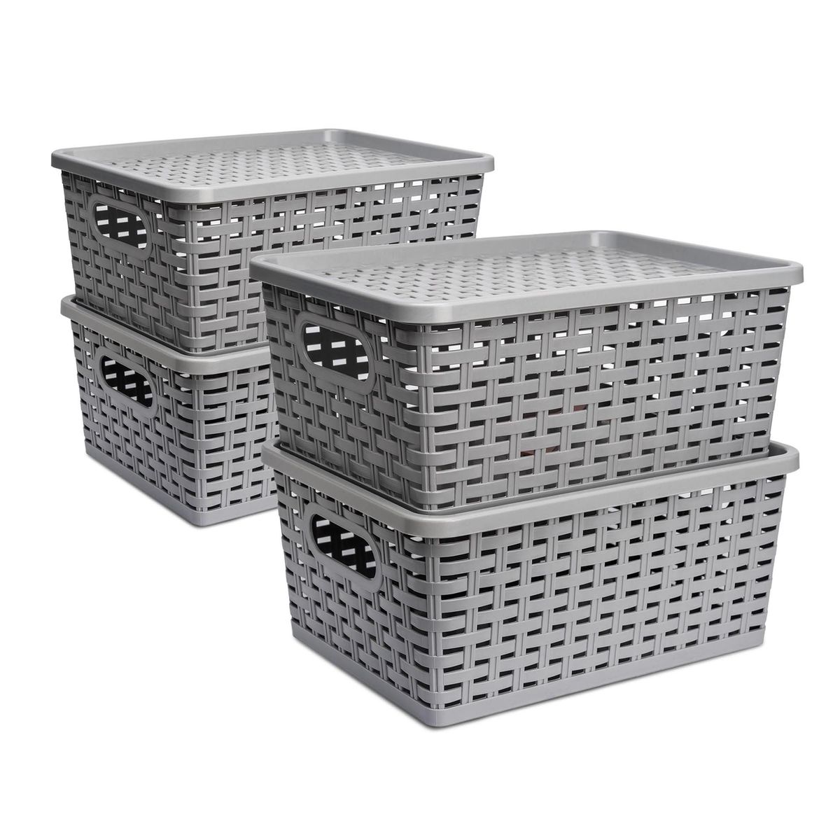 ENERGY PLUS - Set X4 Cajas organizadoras con tapa canasta mimbre plástico Gris
