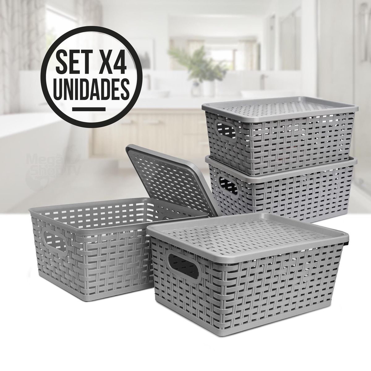 ENERGY PLUS - Set X4 Cajas organizadoras con tapa canasta mimbre plástico Gris