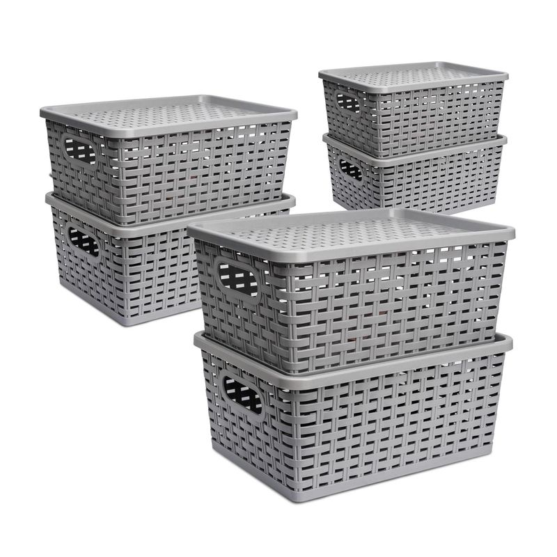 ENERGY PLUS - Set X6 Cajas organizadoras con tapa canasta mimbre plástico Gris