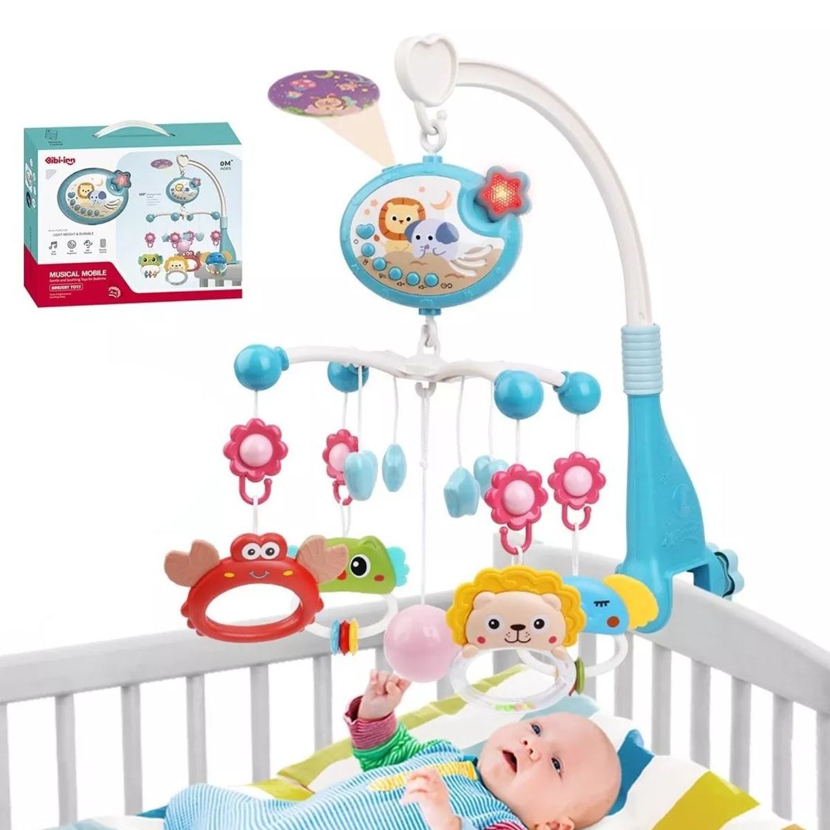 BABY ON - Móvil Musical Para Cuna Giratorio Con Proyector Luz Azul